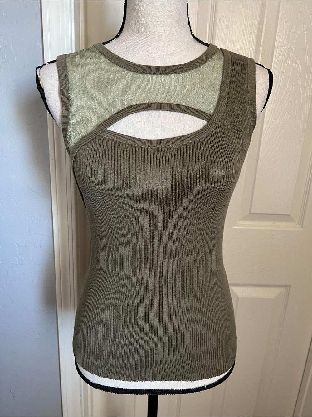 DKNY Olive Two-Tone Cutout Ribbed Tank Top